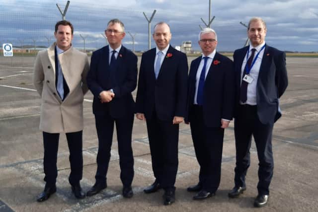 Scott Benton, Paul Maynard, Chris Heaton-Harris, Mark Menzies and Rob Green at Blackpool Airport
