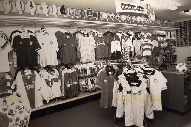 World Cup mania broke out in 1990 as the shop stockpiled football shirts and memorabilia ahead of the tournament. This scene was in June of that year.