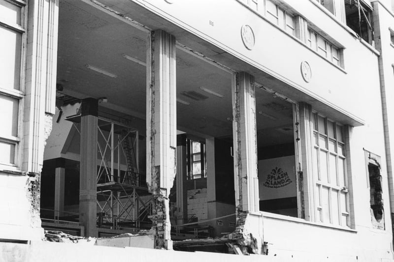 A gaping hole emerged in the side of the art deco building as demolition work gets underway at Derby Baths in 1990