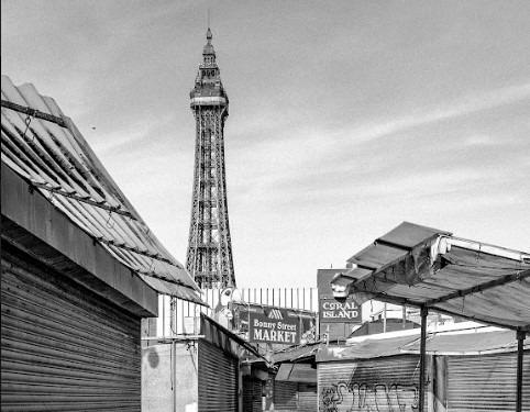 It's not every day that the iconic Blackpool Tower and the famous Coral Island sign are seen from this angle,  photographed by Emilia Zogo via Bonney Street. The market is now closed.