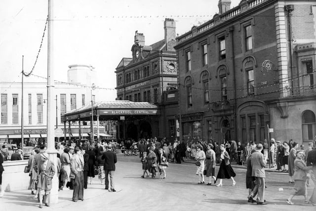 Blackpool Central Station in the 1950s looking towards Marks And Spencer on the corner of Albert Road and Bank Hey Street