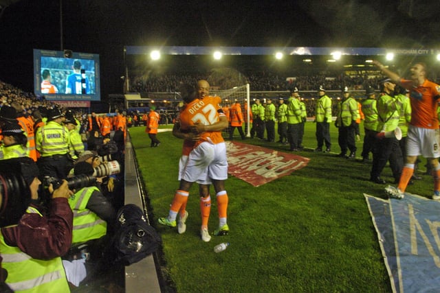 Players celebrate with the fans at the end of the Blackpool v Birmingham game in 2012