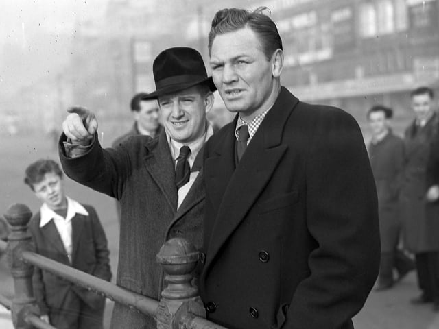 Lee Savold (right) on Blackpool Promenade,  heavyweight boxer who fought Britain's Bruce Woodcock for the British Boxing Board of Control (BBBC) world heavyweight title  in June 1950