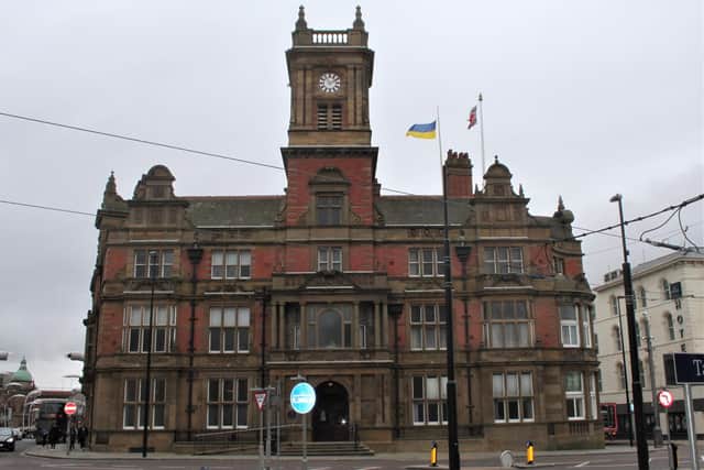 The Ukrainian flag flies above Blackpool Town Hall