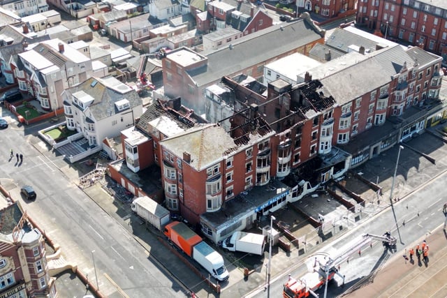 Firefighters continue to work to control the devastating blaze at New Hacketts Hotel on Blackpool promenade. Photo by Dave Nelson