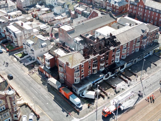 Firefighters continue to work to control the devastating blaze at New Hacketts Hotel on Blackpool promenade. Photo by Dave Nelson
