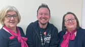 Zac Hackett (centre) welcomes Marsden Building Society’s Ann Baxter and Sue Tomlinson to TramShed