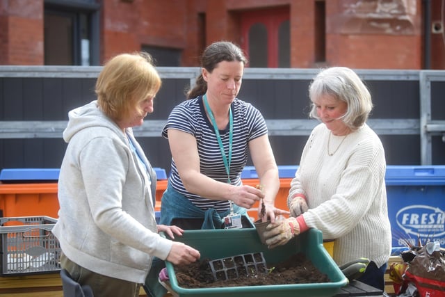 The gardeners have harvested produce and dried herbs to distribute to volunteers and attendees for use during the winter months. 
Pictured are Jane Davies, Kate Wels and Flo Glennon.