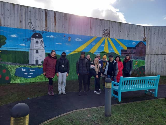 Blackpool and Fylde College art students who have created a 'Park Scene' mural in the grounds of The Harbour Hospital