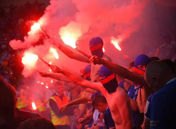 Rangers fans with a pyrotechnic display during their recently friendly at Bloomfield Road