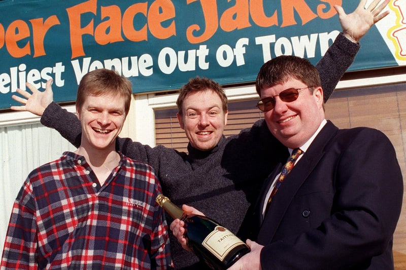 Norbreck Hotel manager Mark Osborne (right) gets in the party mood with Andrew Flynn (left) and Ian Hooper (centre) from popular band Hooper at Coppe Face Jacks