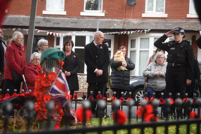 A PCSO salutes during the remembrance service held at the knitted poppy waterfall monument on Newcastle Avenue.