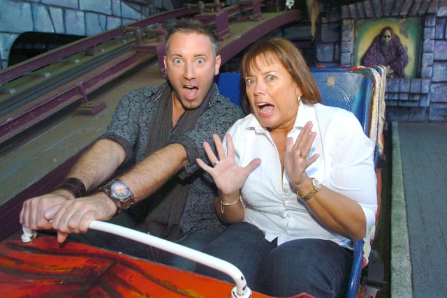 Author Adele Yeomans with TV presenter Jason Karl on the Ghost Train at Blackpool Pleasure Beach. The pair were  appealing for Blackpool residents to come forward with spooky tales for a new book