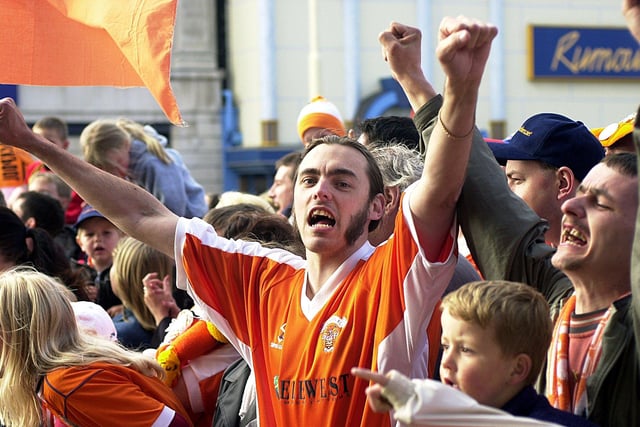 An ecstatic fan in 2001, Talbot Square, when Blackpool FC's victory reception was held following the play off against Orient