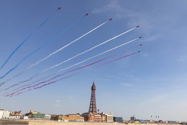The Royal Air Force Aerobatic Team, the Red Arrows arrive at Blackpool to display for the air show . Photo :SAC Katrina Knox