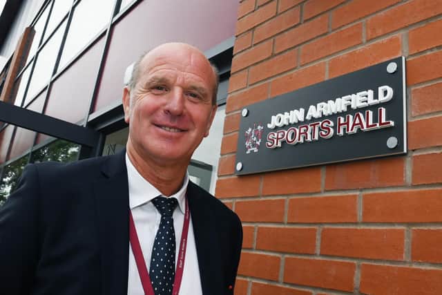 BLACKPOOL - 10-07-23  Retiring PE school teacher John Armfield, at the official opening of the school sports hall, named after the teacher who has been at the school for 37 years, at St Aidan's Church of England High School, Preesall.