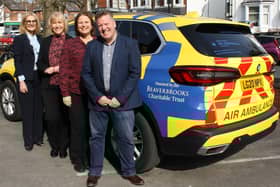 Heather Arrowsmith (CEO at North West Air Ambulance Charity), Susie Nicholas (Beaverbrooks Charity Manager), Anna Blackburn (Beaverbrooks Managing Director) and Paul Holly (Beaverbrooks Head of Community Responsibility) in front of the new Critical Care Vehicle for the North West air ambulance