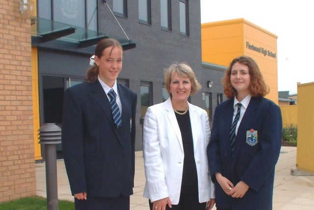 Fleetwood High School headteacher Margaret Dudley with year 11 pupils Charlene Barcock and Louisa Foulser outside the main entrance of the new school
