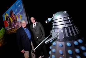 Peter Purves and Professor Andrew Ireland in the room where scenes for the Doctor Who missing episode recreation were filmed.