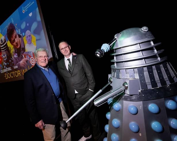 Peter Purves and Professor Andrew Ireland in the room where scenes for the Doctor Who missing episode recreation were filmed.