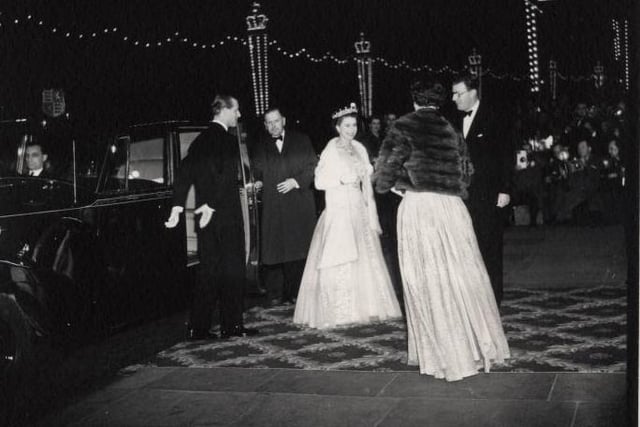 Queen Elizabeth II and the Duke of Edinburgh arrive at Blackpool Opera House for the Royal Variety Performance in 1955