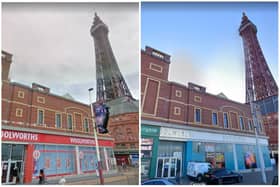 Blackpool's incredible tower looms over the facades of seafront buildings. In 2008 Woolworths was still there. Sadly, today it is an empty shop