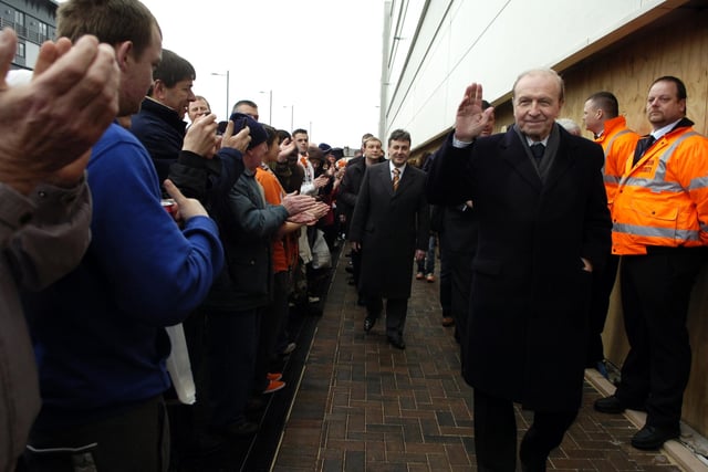 Jimmy Armfield being greeted by fans outside the club on the open day of the new South Stand - named after him - in 2010