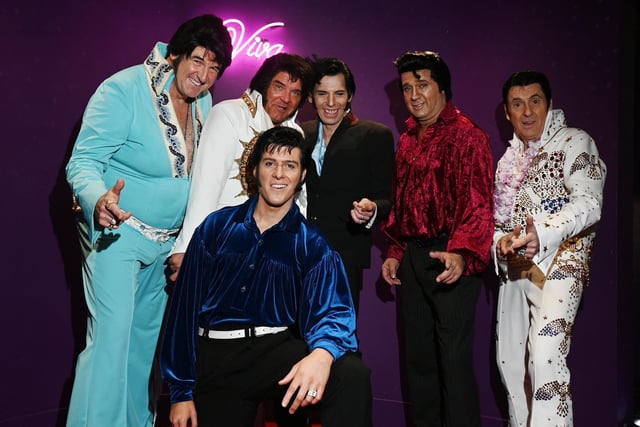 Competing for a place in the Ultimate Elvis final in Memphis.  Elvis from left, Iain McKellar, John Sheppard, Charlie Harper (front), Karl Memphis, Duane Petrauske and Andi Kean.