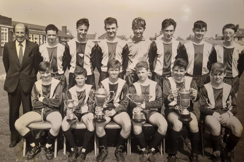The U15s in 1990 - they hadn't lost one game and collected the Lancashire Cup. Pictured are Ian Heslop, Barry Van Bogerijen, Jamie Poole, Steve Riall, Graham Birch, Robbie Boal, Michael Bond. Front: Michael Dolan, John Riches, Mark Bennett (capt) Anthony Beech, Chris Beech and Danny Stoney
