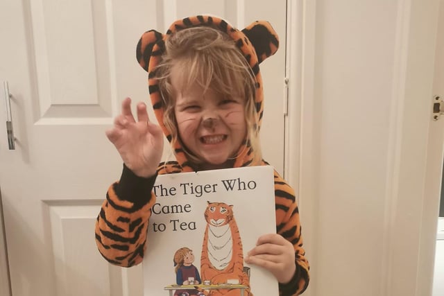 Anyone for a cuppa? Emily, age 4, as the Tiger Who Came To Tea.