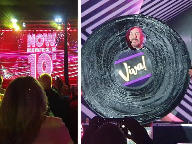 Leye D Johns spins round like a record, baby. Photos of the Decades:Rewind party show at Viva Blackpool