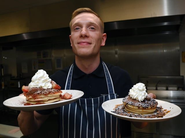 BLACKPOOL/LANCASHIRE POST - 18-02-23 - Staff at the Pancake Hut, Ribby Hall Village, Wrea Green, are ready for pancake day, shrove Tuesday. Head chef Josh Lynch.