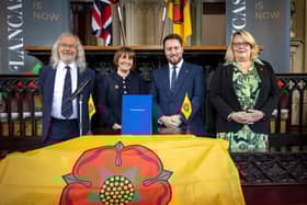 The signing of Lancashire's devolution deal in November - but has the election turned the smiles to uncertainty?  [From left] Blackburn with Darwen Council leader Phil Riley, Lancashire County Council leader Phillippa Williamson, Levelling Up Minister Jacob Young and Blackpool Council leader Lynn Williams (image: Martin Bostock Photography)