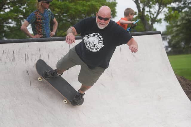 Big Woody tries out the ramp at the new skate park in Stanley Park