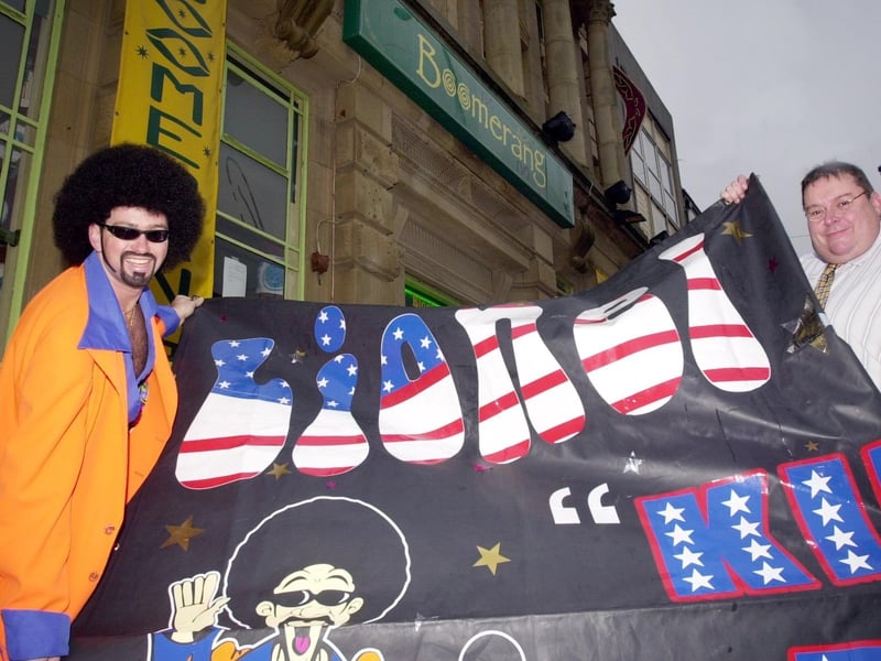 Lionel Vinyl and Peter Dolan outside Boomerang on Clifton St, 2002