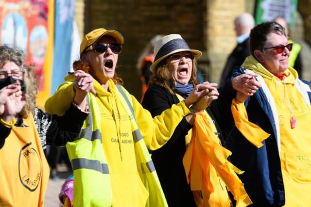 Protesters outside the Winter Gardens as the Conservative Party Conference arrives in Blackpool. Photo: Kelvin Stuttard