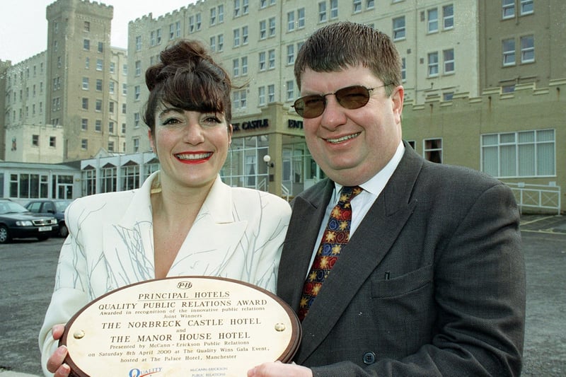 PR consultant Pearl Mina and Mark Osborne, general manager of the Norbreck Castle hotel with the prestigous Quality Wins award for outstanding achievment in PR, 2000
