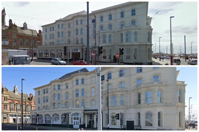 Clifton Hotel in Talbot Square, top in 2009 and as it is now as Forshaw's Hotel. It is one of Blackpool's oldest hotels