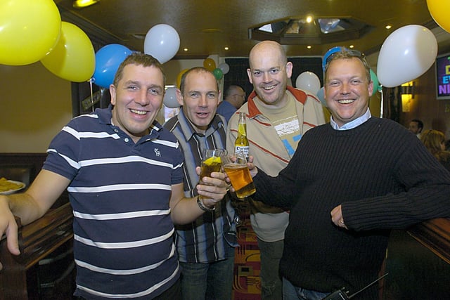 Club Sanuk celebrating its first anniversary at Brannigans - Peter Bowden, Mark Bowden, Dominic Herdman and Nick Thompson