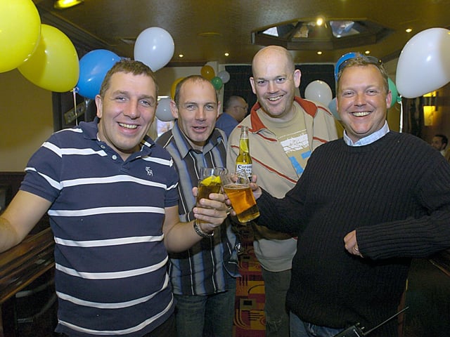 Club Sanuk celebrating its first anniversary at Brannigans - Peter Bowden, Mark Bowden, Dominic Herdman and Nick Thompson