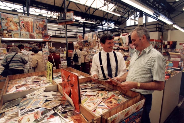 Market Supervisor John Holmes (left) and greeting card stallholder Keith Thompson at  St John's Market, in 1998