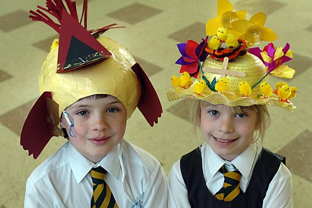 Joseph Hadfield and Hazel Beardsmore wearing their Easter bonnets at St John CE School in Lytham back in 2007