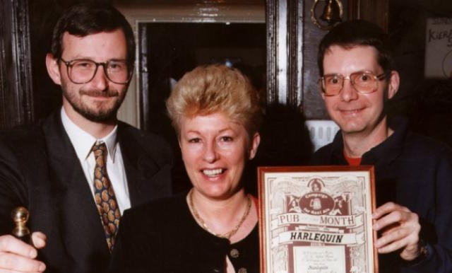 From left Matthew Evans, Ward's Brewery's senior business development manager, licensee Linda Greatorex and Andy Morton former chairman of Camra all at The Harlequin back in 1997