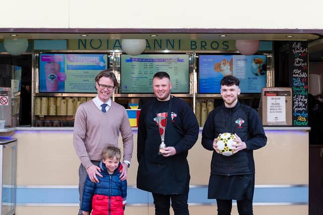 Joseph Tantram (left) a partner with Rawcliffe & Co (with son Henry) and  Joshua Johnson and Harry Wright of  Notarianni’s, who are taking apart in the five a-side football match for Comic Relief