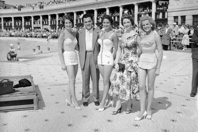 Blackpool Bathing Beauty competition held at South Shore open air baths. Fourth heat winners with Hippodrome star Dickie Valentine and his wife in 1955 . Margaret Young, Dickie Valentine, Barbara Smith, Mrs Valentine and Patricia Knowles of Blackpool