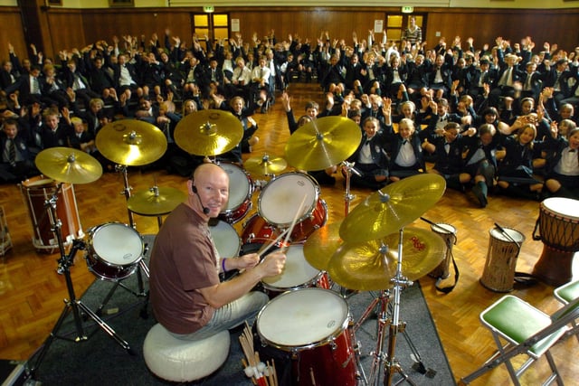 Former Status Quo drummer Jeff Rich giving a masterclass in drumming at Arnold School, Blackpool