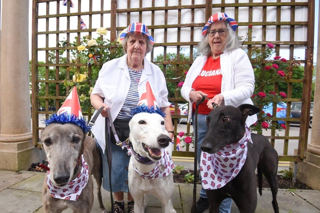 Denise Johnson and Caroline Fowler with Twiggy, Casper and Bobby  at the Stanley Park dog club jubilee party