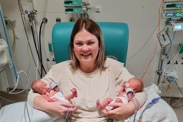 Proud mum Naomi Ashworth with her twins, Emelie and  Vinnie