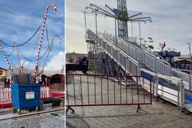 Progress on Xmas By The Sea as the new snow slide and candy cane trampoline goes up on Blackpool Tower Headlands.
