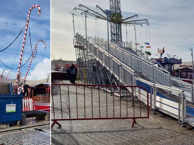 Progress on Xmas By The Sea as the new snow slide and candy cane trampoline goes up on Blackpool Tower Headlands.
